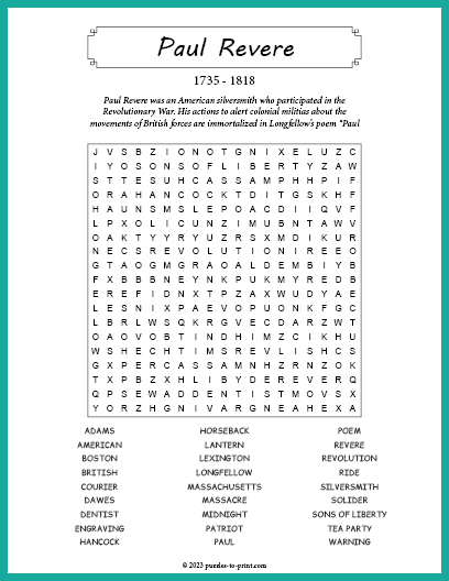 Paul Revere Word Search