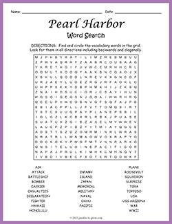 Free printable Pearl Harbor Word Search puzzle worksheet