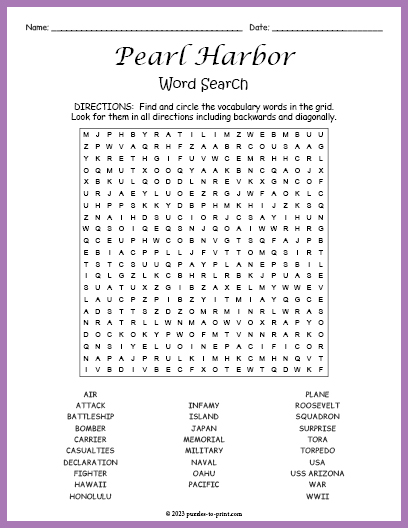 Pearl Harbor Word Search