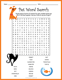 Free printable Pet Word Search puzzle worksheet