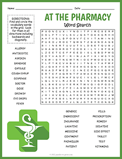 Free printable Pharmacy Word Search puzzle worksheet
