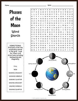 Free printable Phases of the Moon Word Search puzzle worksheet