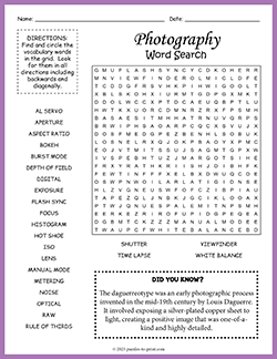 Free printable Photography Word Search puzzle worksheet