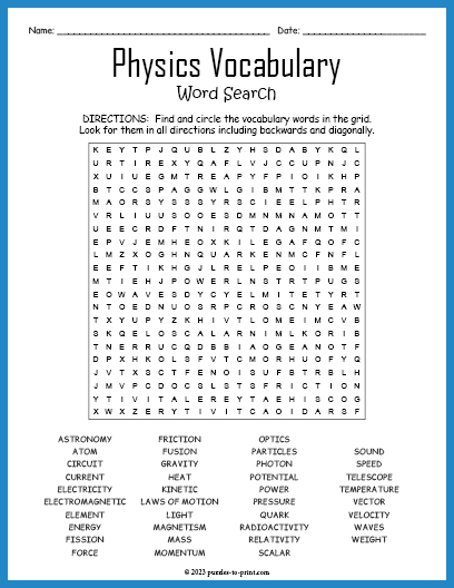 Physics Vocabulary Word Search