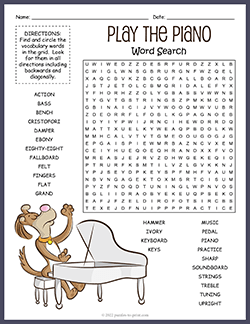 Free printable Piano Word Search puzzle worksheet