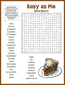 Free printable Pie Word Search puzzle worksheet