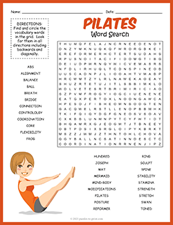 Free printable Pilates Word Search puzzle worksheet