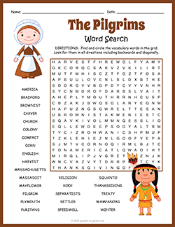 Free printable Pilgrims Word Search puzzle worksheet