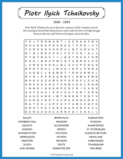 Free printable Piotr Ilyich Tchaikovsky Word Search puzzle worksheet