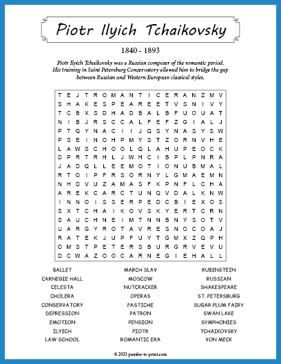 Piotr Ilyich Tchaikovsky Word Search