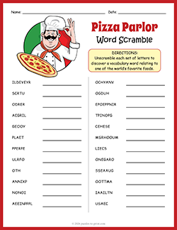 Free printable Pizza Word Scramble puzzle worksheet
