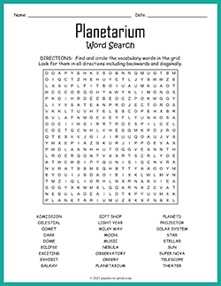Free printable Planetarium Word Search puzzle worksheet