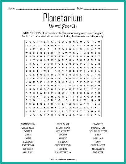 Planetarium Word Search