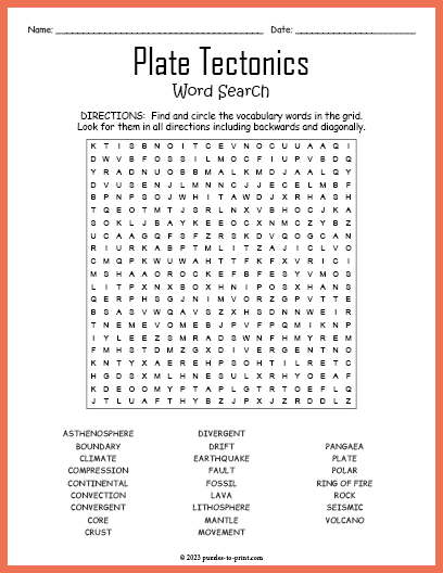 Plate Tectonics Word Search