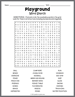 Free printable Playground Word Search puzzle worksheet