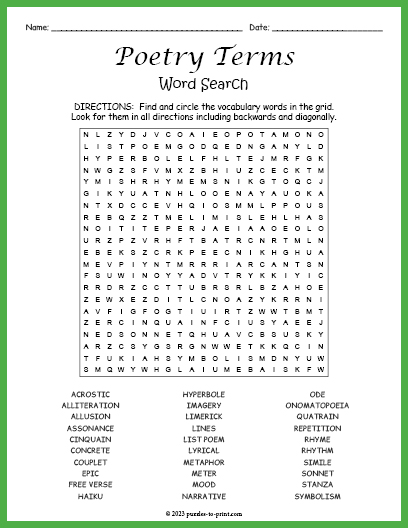 Poetry Terms Word Search