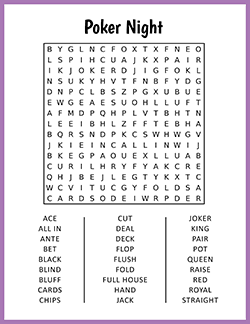 Free printable Poker Night Word Search puzzle worksheet