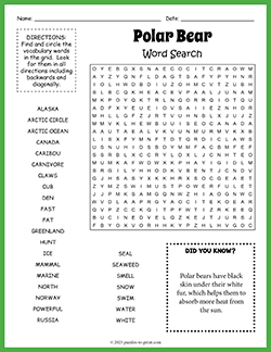 Free printable Polar Bear Word Search puzzle worksheet