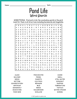 Free printable Pond Life Word Search puzzle worksheet