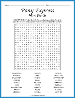 Free printable Pony Express Word Search puzzle worksheet