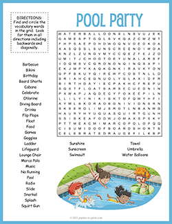 Free printable Pool Party Word Search puzzle worksheet