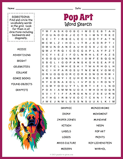 Free printable Pop Art Word Search puzzle worksheet