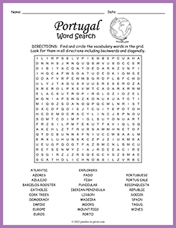 Free printable Portugal Word Search puzzle worksheet