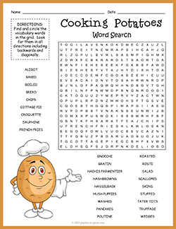 Free printable Potato Dishes Word Search puzzle worksheet