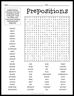 Free printable Prepositions Word Search puzzle worksheet