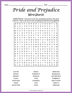 Free printable Pride and Prejudice Word Search puzzle worksheet