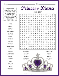 Free printable Princess Diana Word Search puzzle worksheet