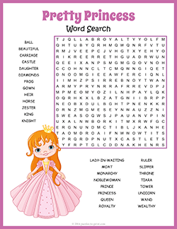 Free printable Princess Word Search puzzle worksheet