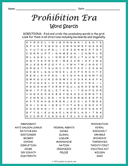 Free printable Prohibition Era Word Search puzzle worksheet