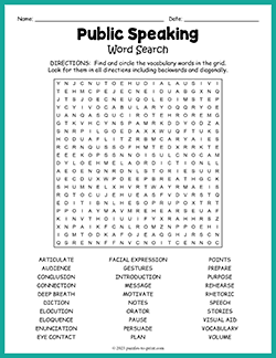 Free printable Public Speaking Word Search puzzle worksheet