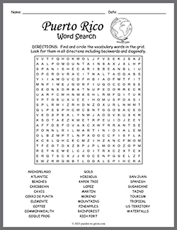 Free printable Puerto Rico Word Search puzzle worksheet