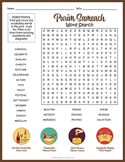 Free printable Purim Word Search puzzle worksheet