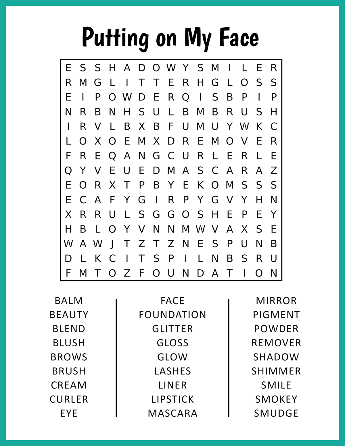 Putting on my face word search
