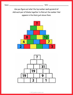 Free printable Pyramid Addition puzzle worksheet