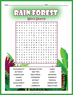 Free printable Rainforest Word Search puzzle worksheet