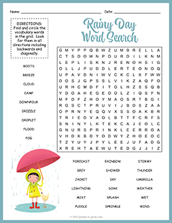 Free printable Rainy Day Word Search puzzle worksheet