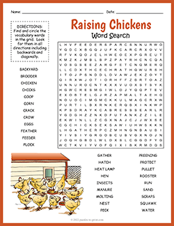 Free printable Raising Chickens Word Search puzzle worksheet