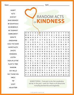 Free printable Random Acts of Kindness Word Search puzzle worksheet