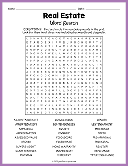 Free printable Real Estate Word Search puzzle worksheet