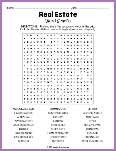Real Estate Word Search