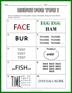 Free printable Rebus Worksheet 1 puzzle worksheet