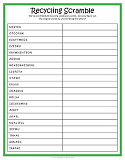 Free printable Recycling Word Scramble puzzle worksheet