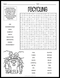 Free printable Recycling Word Search puzzle worksheet