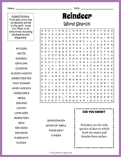 Free printable Reindeer Word Search puzzle worksheet