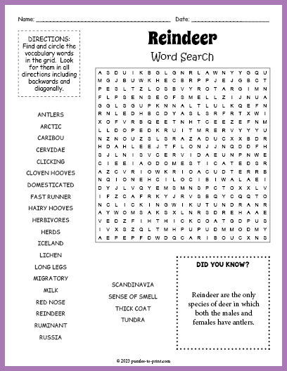 Reindeer Word Search