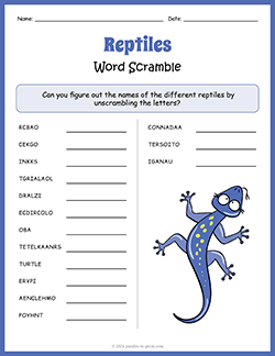 Free printable Reptiles Word Scramble puzzle worksheet